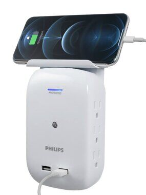 Philips Surge Protector Wall Tap, 6 outlets, 2 usb, with removable phone shelf